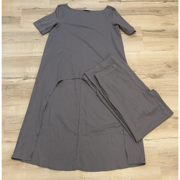 FAERIESTY Women M Linen Blend Lagenlook Hi-Lo Tunic Wide Leg Pant Set Gray New - Picture 1 of 14